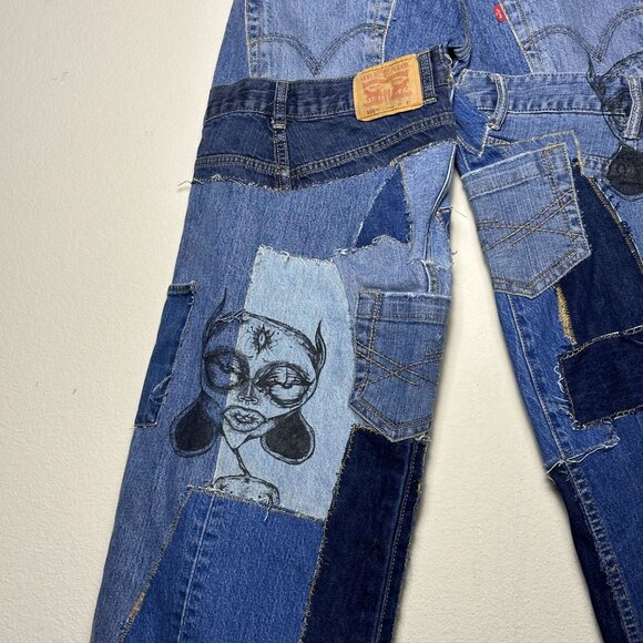 TERRIFIED CREATURE Custom Made DiY Patchwork Women 30 Denim Jean Pant Button Fly - Picture 15 of 16